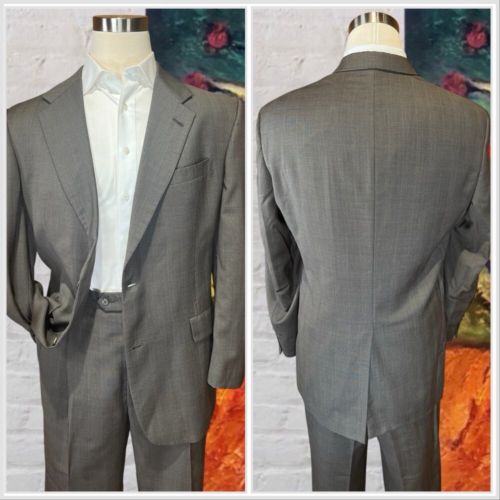 Vtg Hart Schaffner Marx 44-46L 38x30 Taupe Gray Blue Glen Plaid Classic Suit - Picture 2 of 16